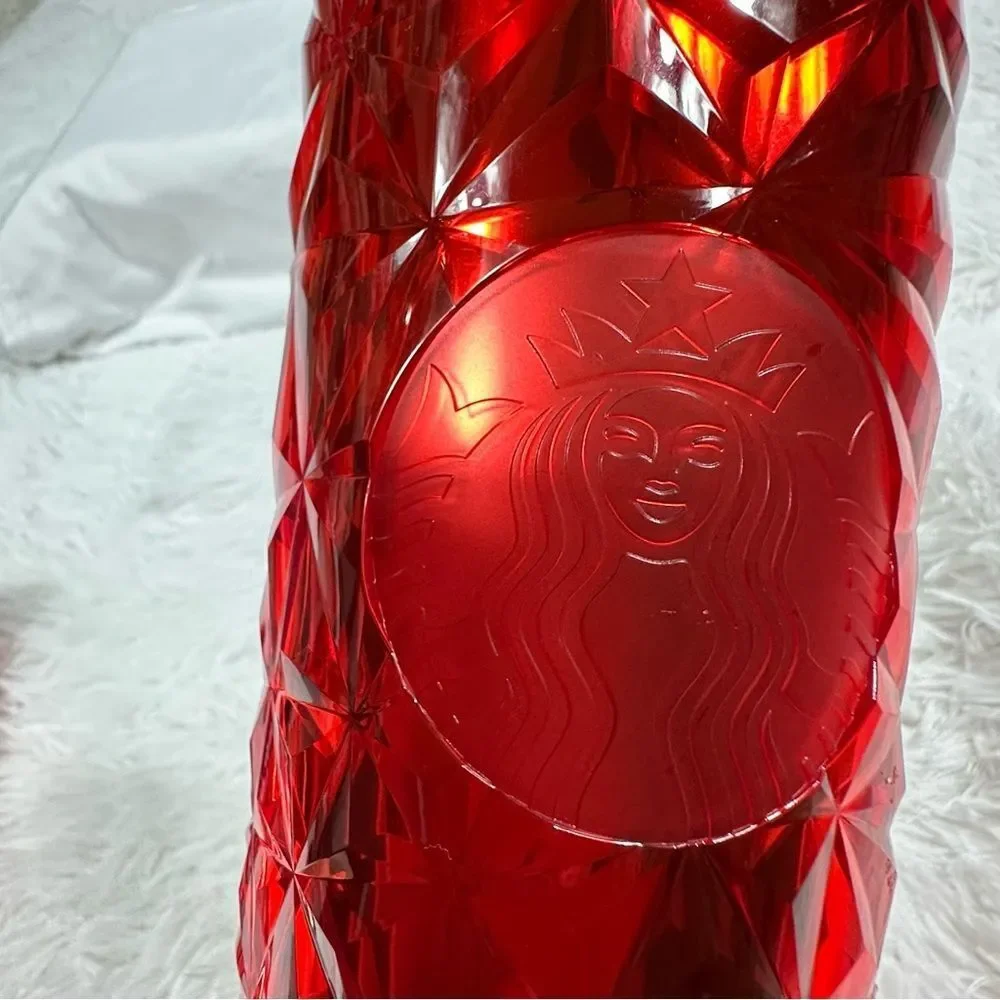 2 Starbucks Holiday Cold Cup Tumbler 24 Oz Red Prism, Peppermint. NO STRAW